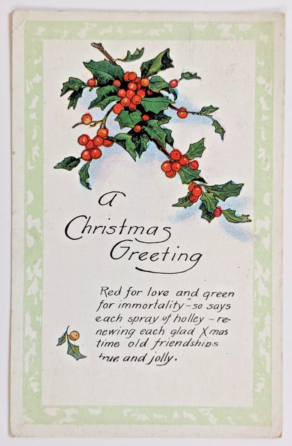 Antique Christmas Greetings Postcard c1920s Holly Spray Leaf Berries Art Deco L9