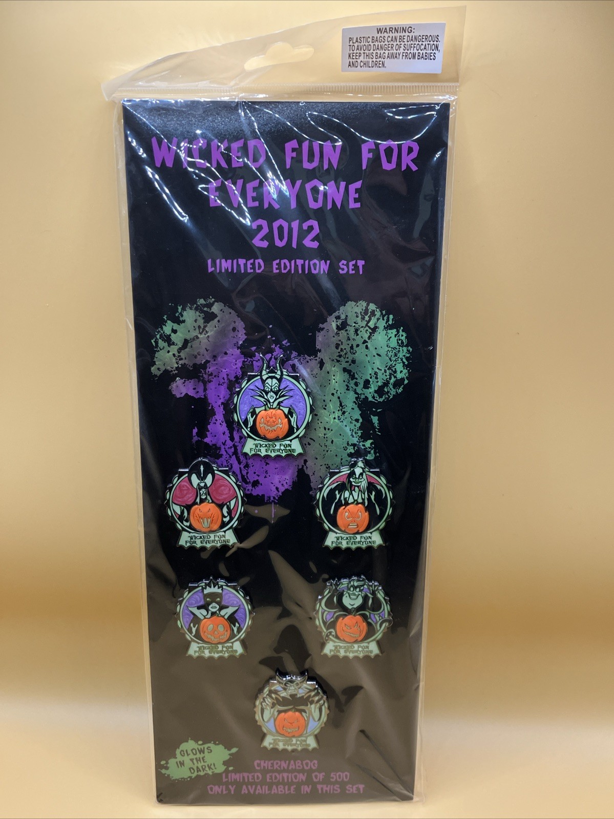 WDW DISNEY WICKED FUN FOR EVERYONE 2012 VILLAINS GLOW PIN SET W/CHERNABOG LE 500