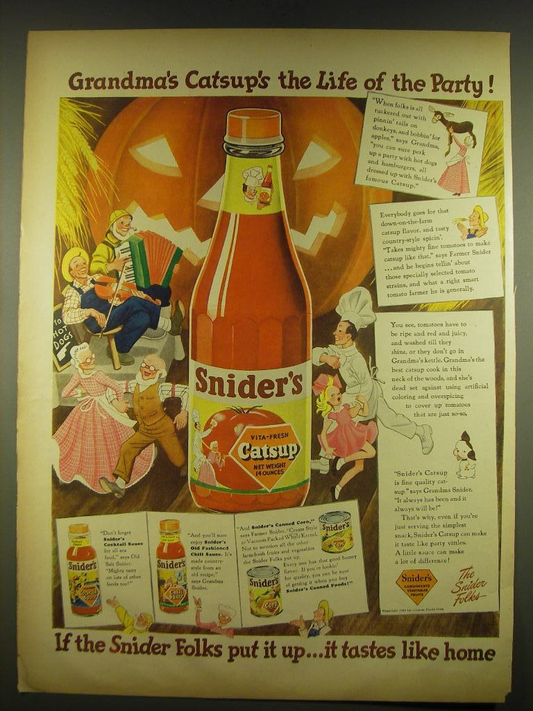 1944 Snider's Catsup Ad - Grandma's Catsup's the life of the party 1944 Snider's Catsup Ad - Grandma's Catsup's the life of the party