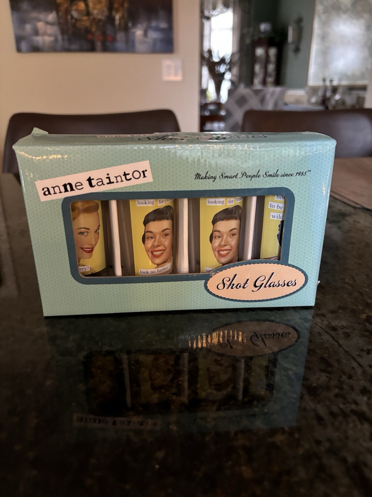 Anne Taintor Vintage 4 Pack Humorous Witty Retro Shot Glasses NEW Original Box