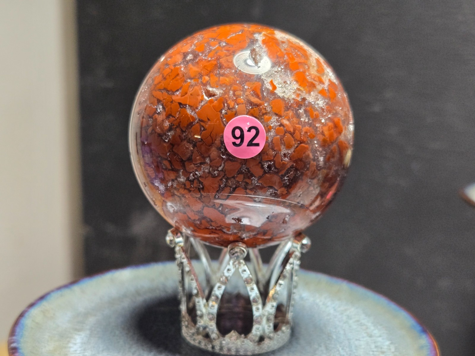 Beautiful intricate maligano jasper sphere with Druzy 2.5in P92