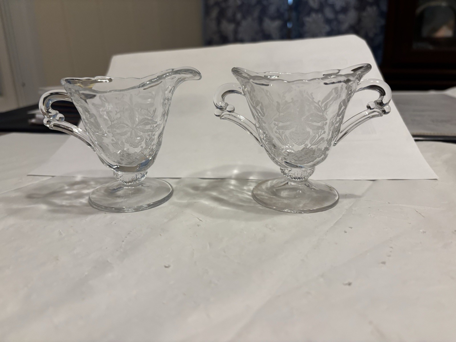 Clear Etched Orchid Floral Pattern Sugar and Creamer Set Sc 5