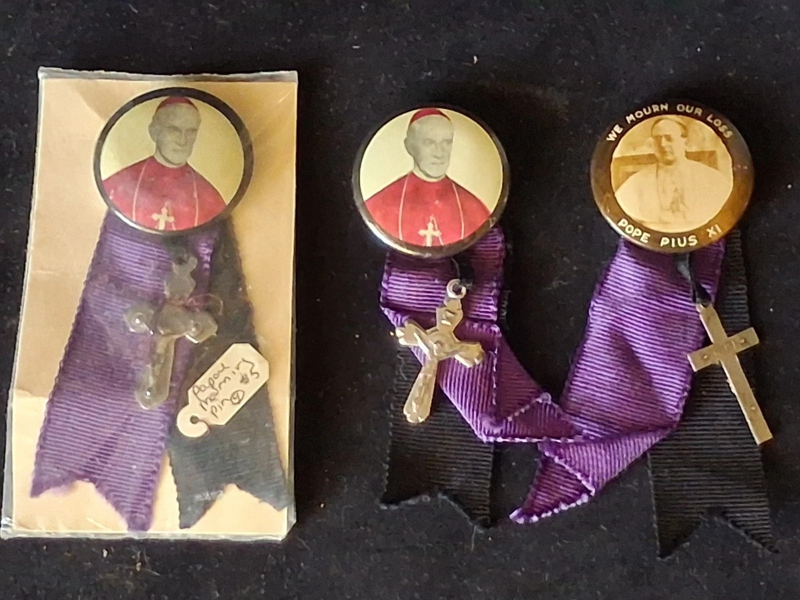 1939 Papal Mourning Ribbons & Pins Pope Pius XI - Vintage Crucifix Lot of (3)
