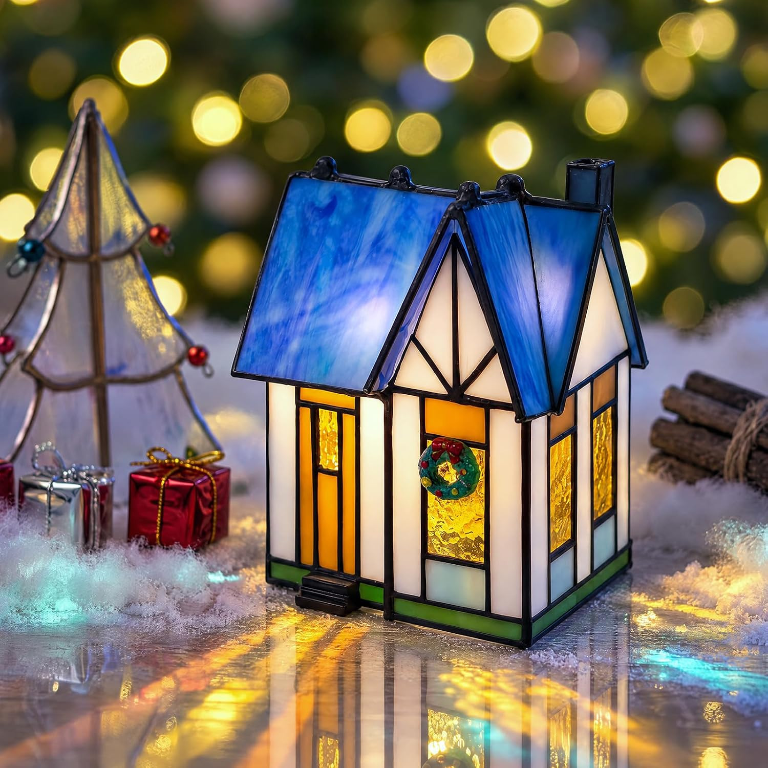 Stained Glass Christmas Village Blue Cottage Lighted House Holiday Table Decor