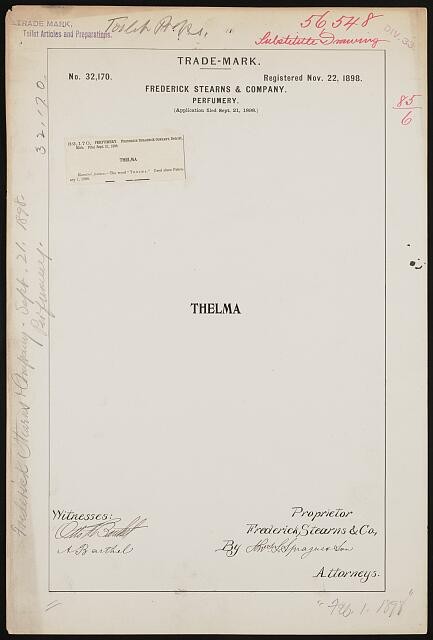 Photo:Frederick Stearns Company Thelma Perfumery Trademark 1898