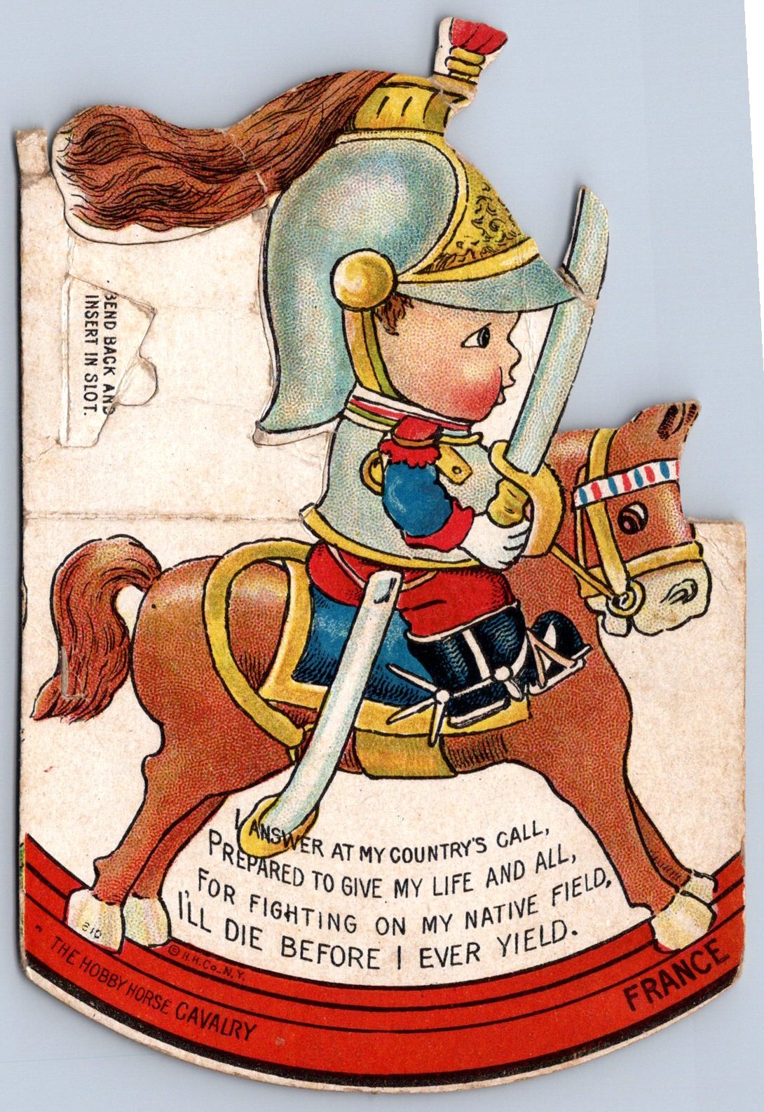 K37/ Interesting Postcard c1910 Kid Soldier Rocking Horse Die-Cut 243