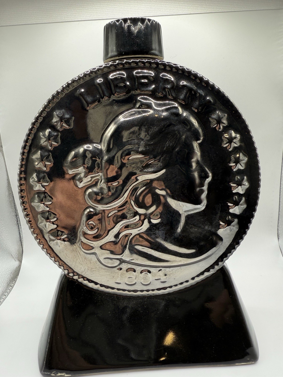 Vintage Decanter with Stopper Silver And Black Liberty 1804 W/ Chip On Lid