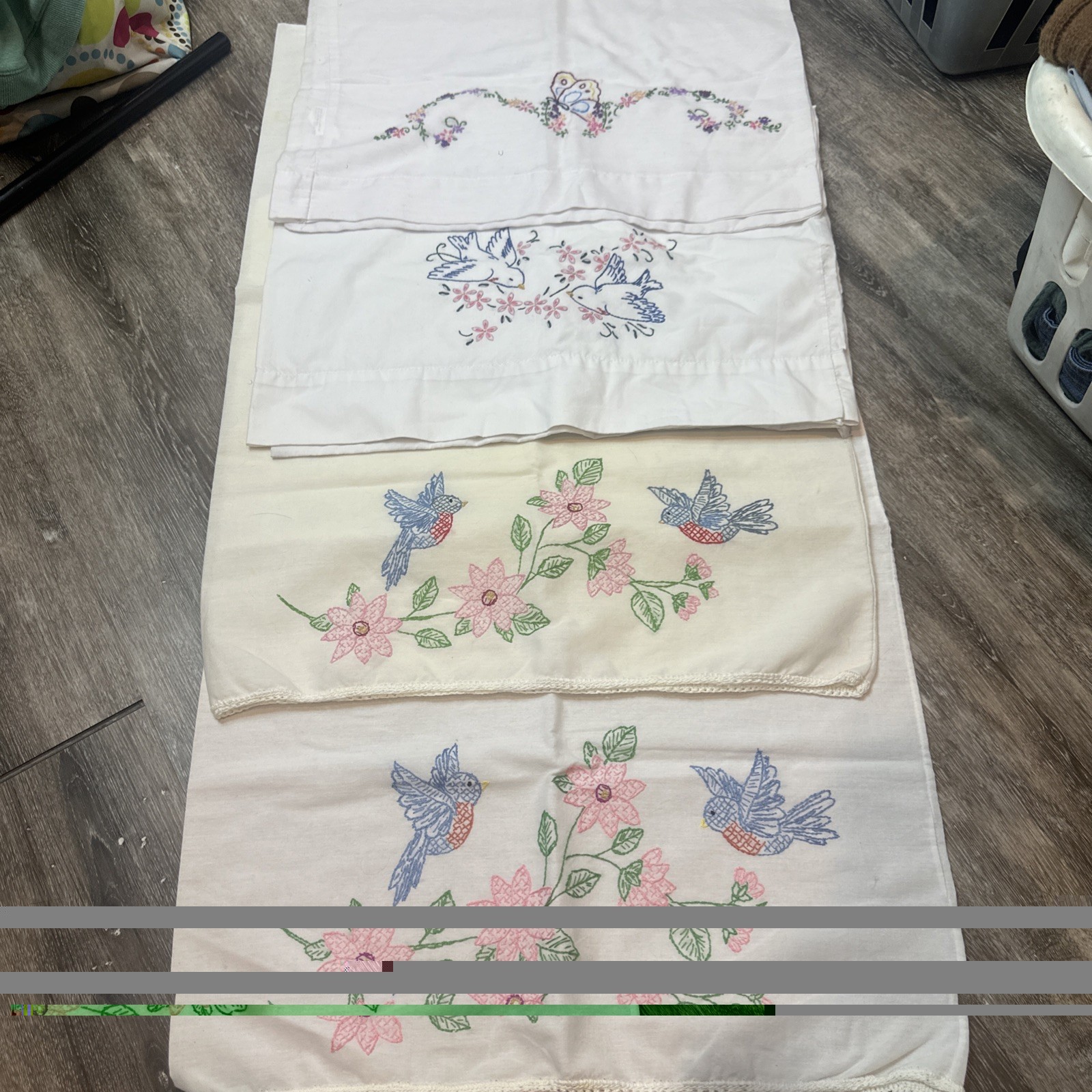 VTG Hand Embroidered Pillowcase Pair Queen 21x30 +2 Floral Cross Stitch Birds