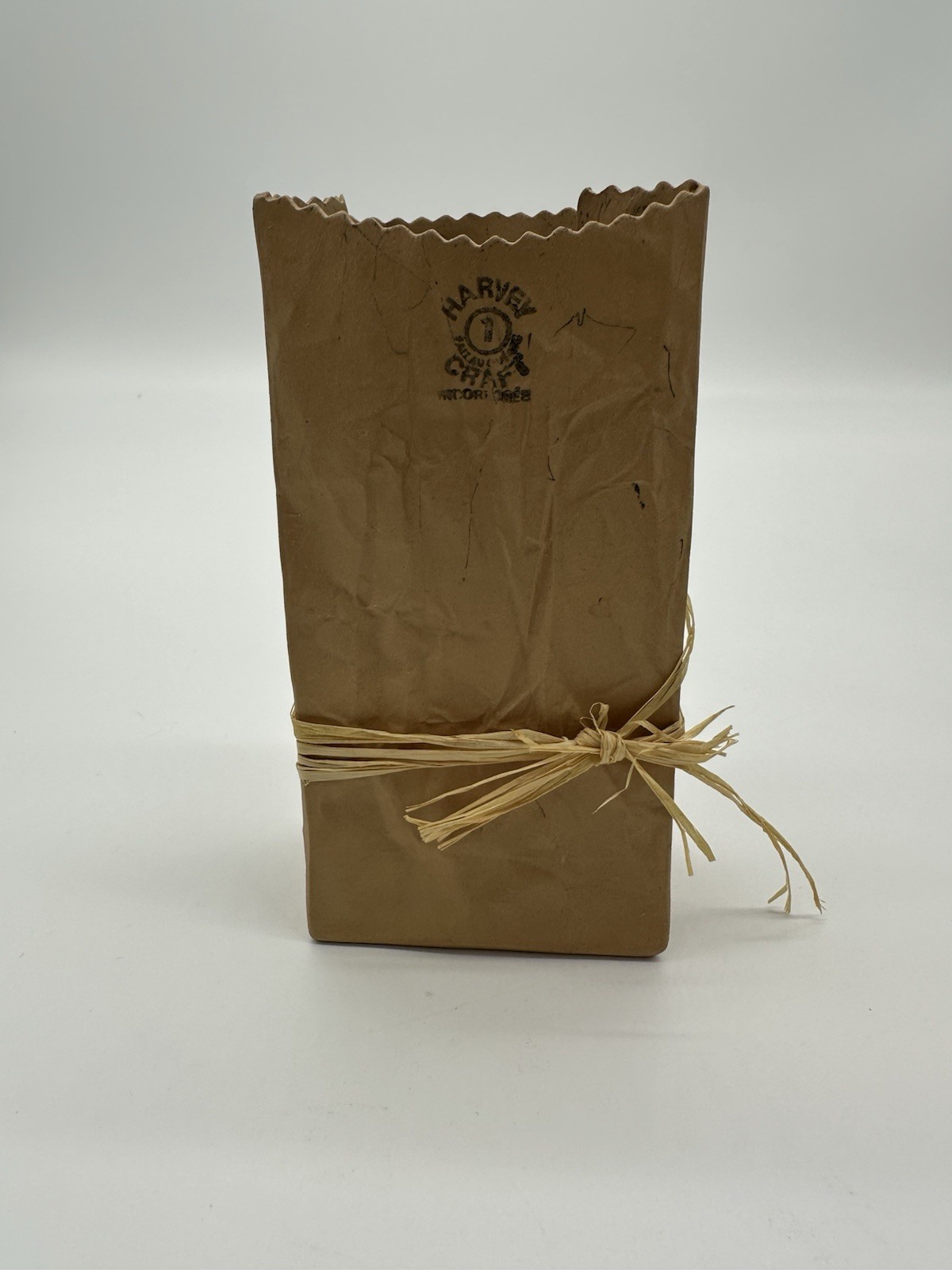 Vtg.Michael Harvey CRAFT #1 Ceramic Paper Bag Vase 5.5” X 2.75”