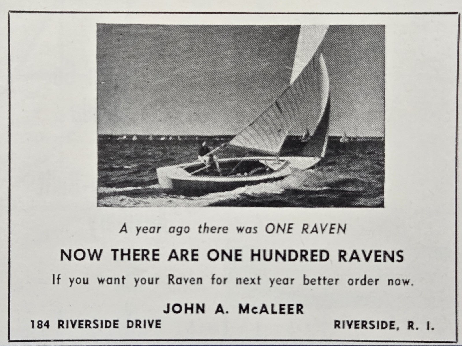John A McAleer Riverside RI Raven Sailing Boats Vintage Print Ad 1950