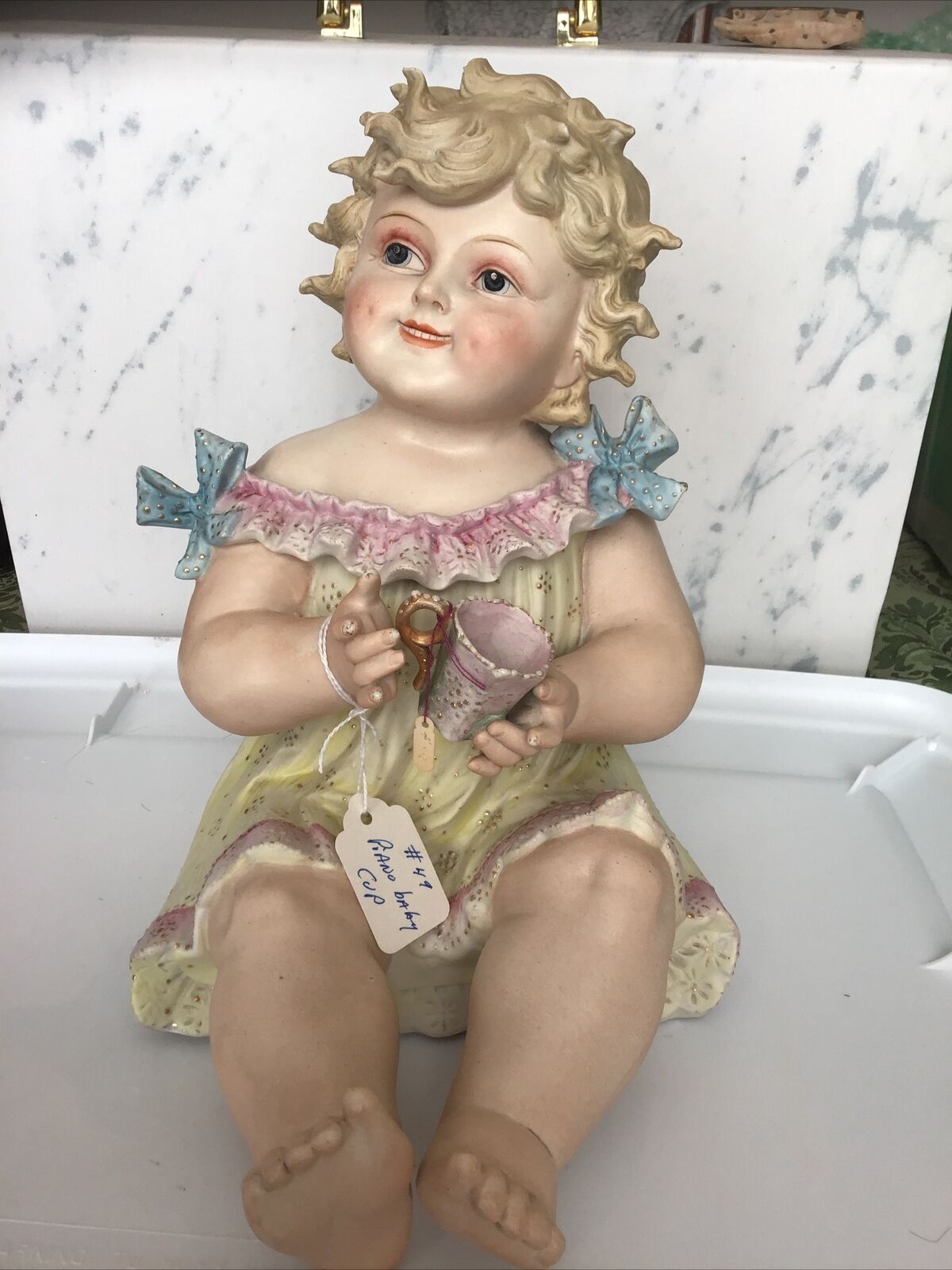 Lg. Antique Conta&Boehme BISQUE Porcelain PIANO Baby Figurine GIRL holding Cup