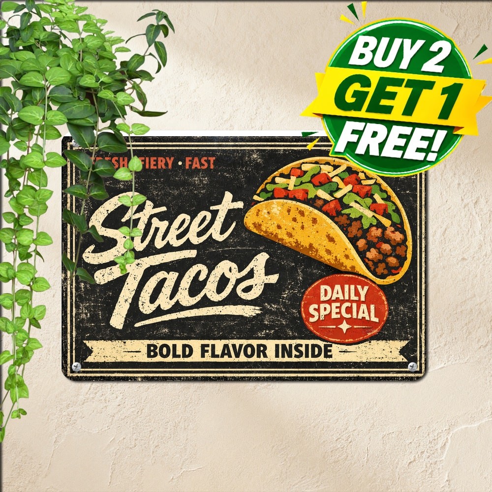 Spicy Mexican Tacos Fast Food Dining Room Wall Decor Metal Tin Sign 8x12