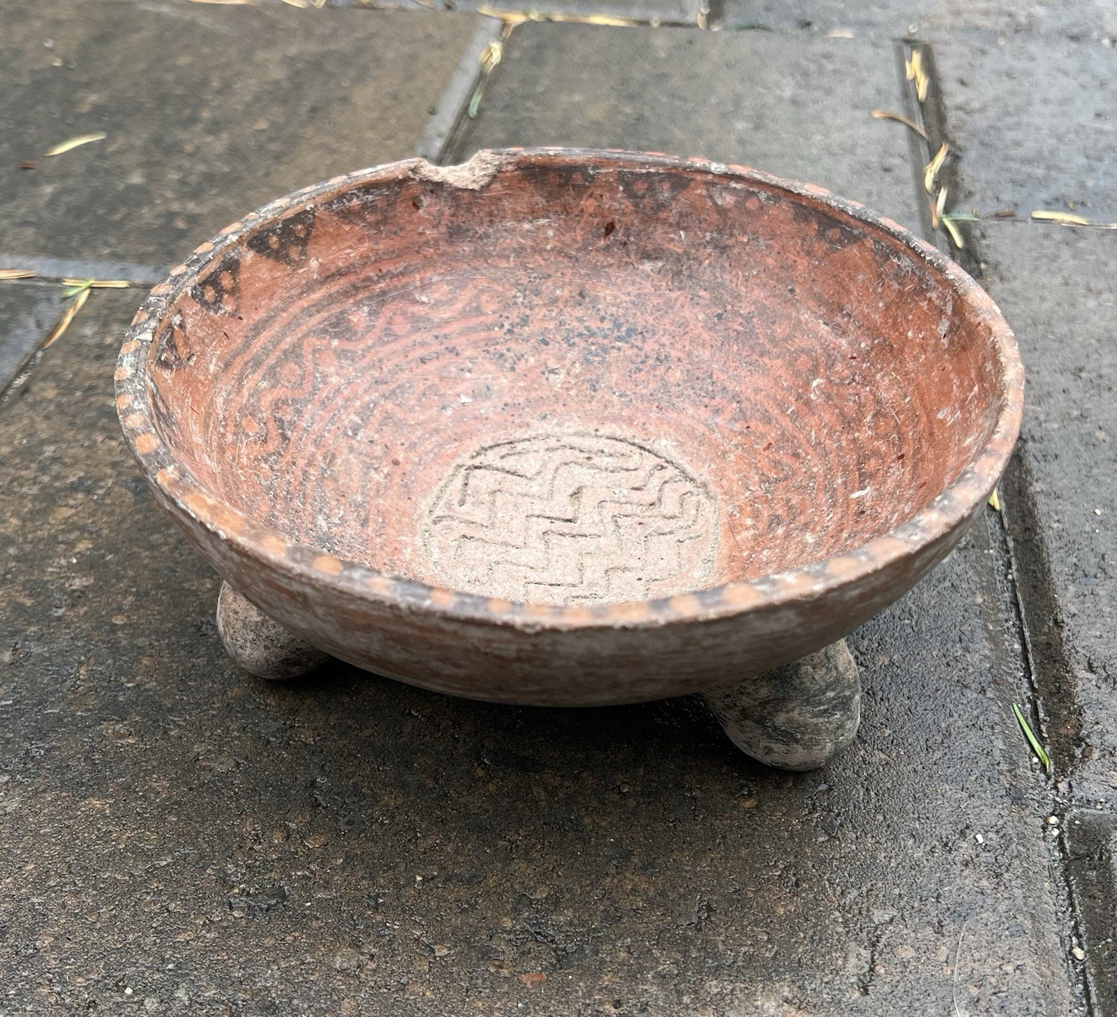 Vintage Pre-Columbian Style Terracotta Tripod Bowl Mexican Folk Art Pottery Hand