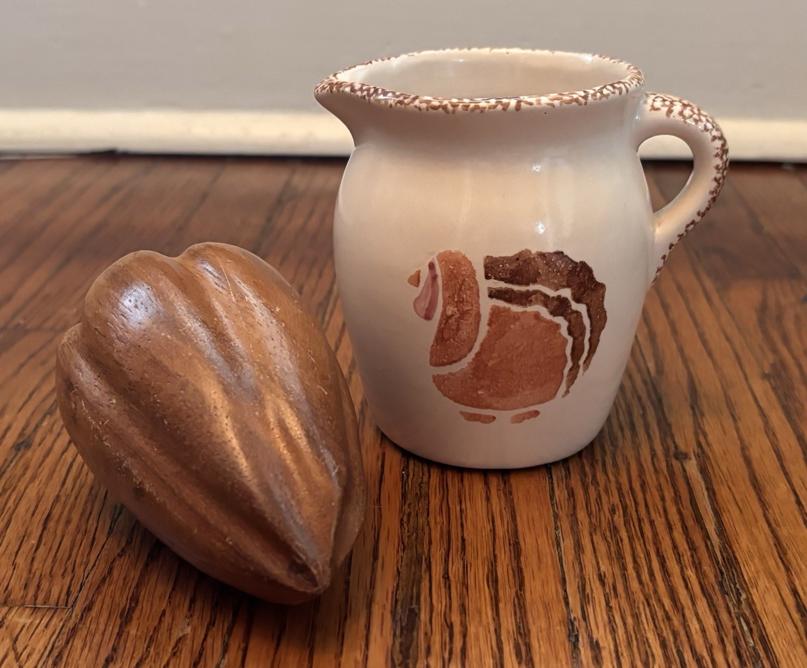 Lot Includes Vintage 1996 Ceramic Turkey Creamer Pitcher & Carved Wooden Gourd