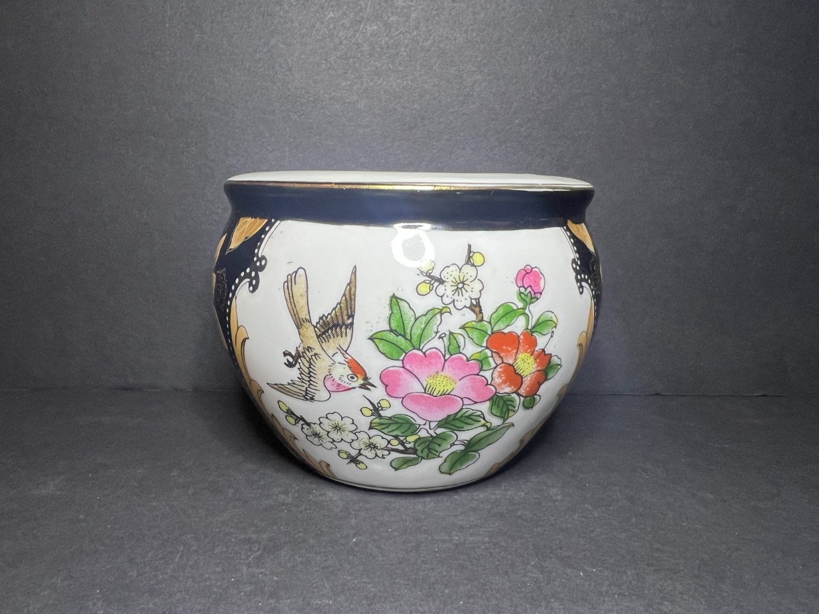 Vintage Hand Painted Porcelain Floral Bird Chinoiserie Cache Fish Bowl Planter