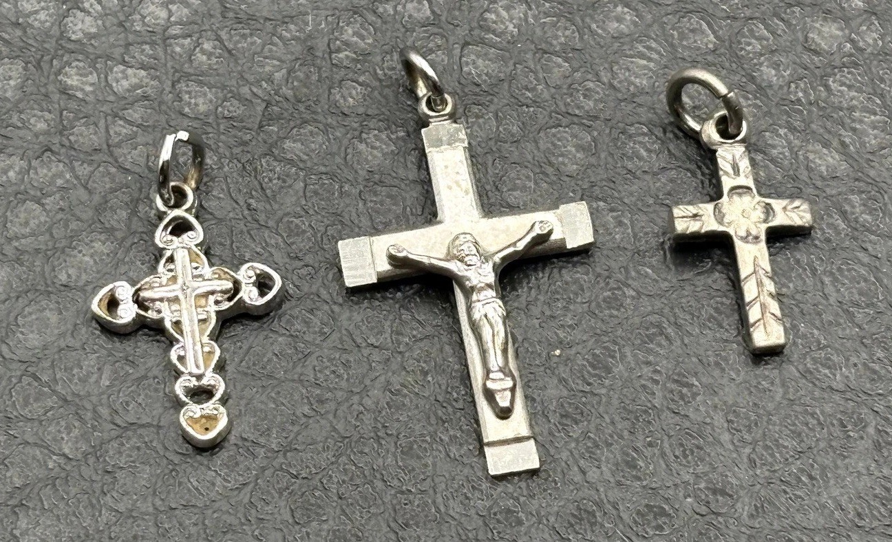 Lot of 3 Sterling Silver 925 Crucifix Cross Pendants Or Charms Religious Jewelry