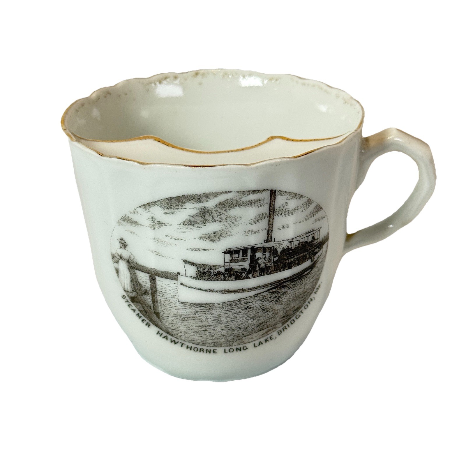 BRIDGTON , MAINE ME Antique STEAMER HAWTHORNE LONG LAKE Souvenir Mustache Cup