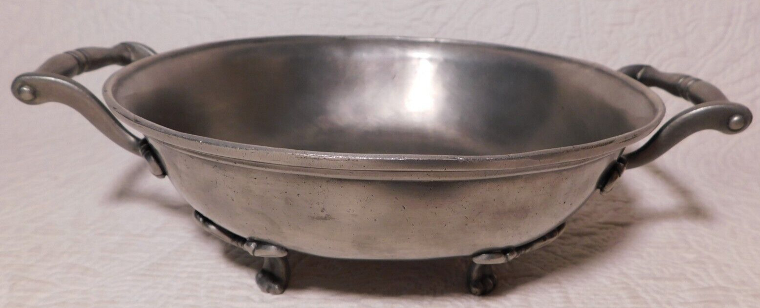 Antique Etain Pewter FOOTED BOWL w/ HANDLE serving dish ES 1769 Crowned X 10.5in