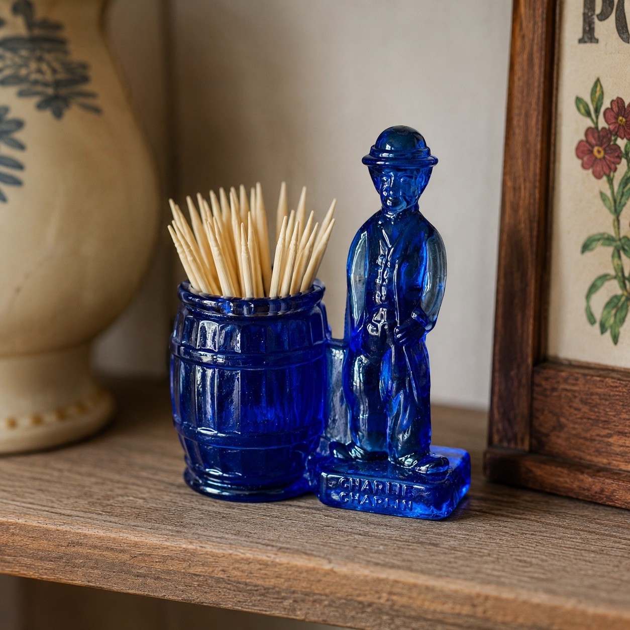 Vintage Cobalt Blue Glass Charlie Chaplin Toothpick Match Holder Deadstock New