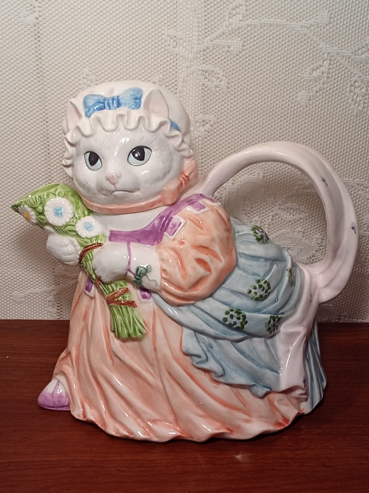 Vintage Lefton Cat Teapot #7894 Peach Dress Flowers Sri Lanka 8.5\