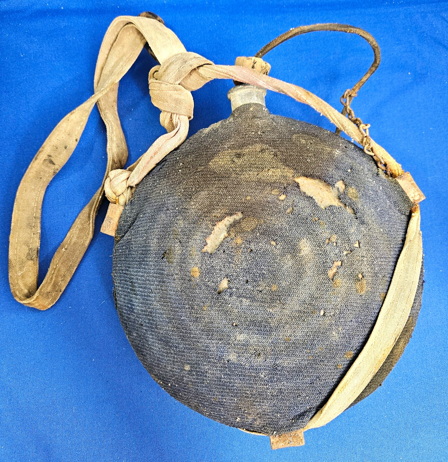 Antique Indian Wars Era US Model 1858 Cavalry Canteen Blue Wool Cover Cork Hook