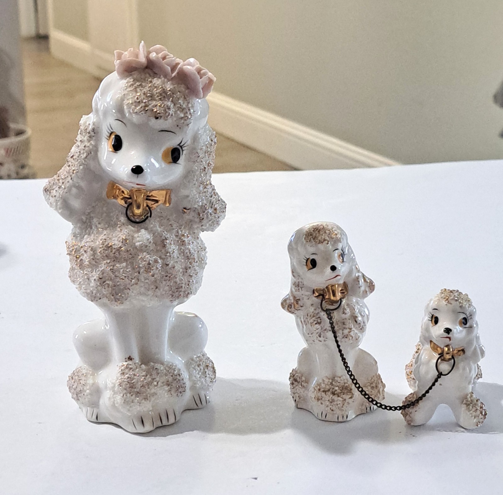 Vintage Japan Spaghetti Poodle Figurines Mom & Puppies Kitschy White & Gold Trim