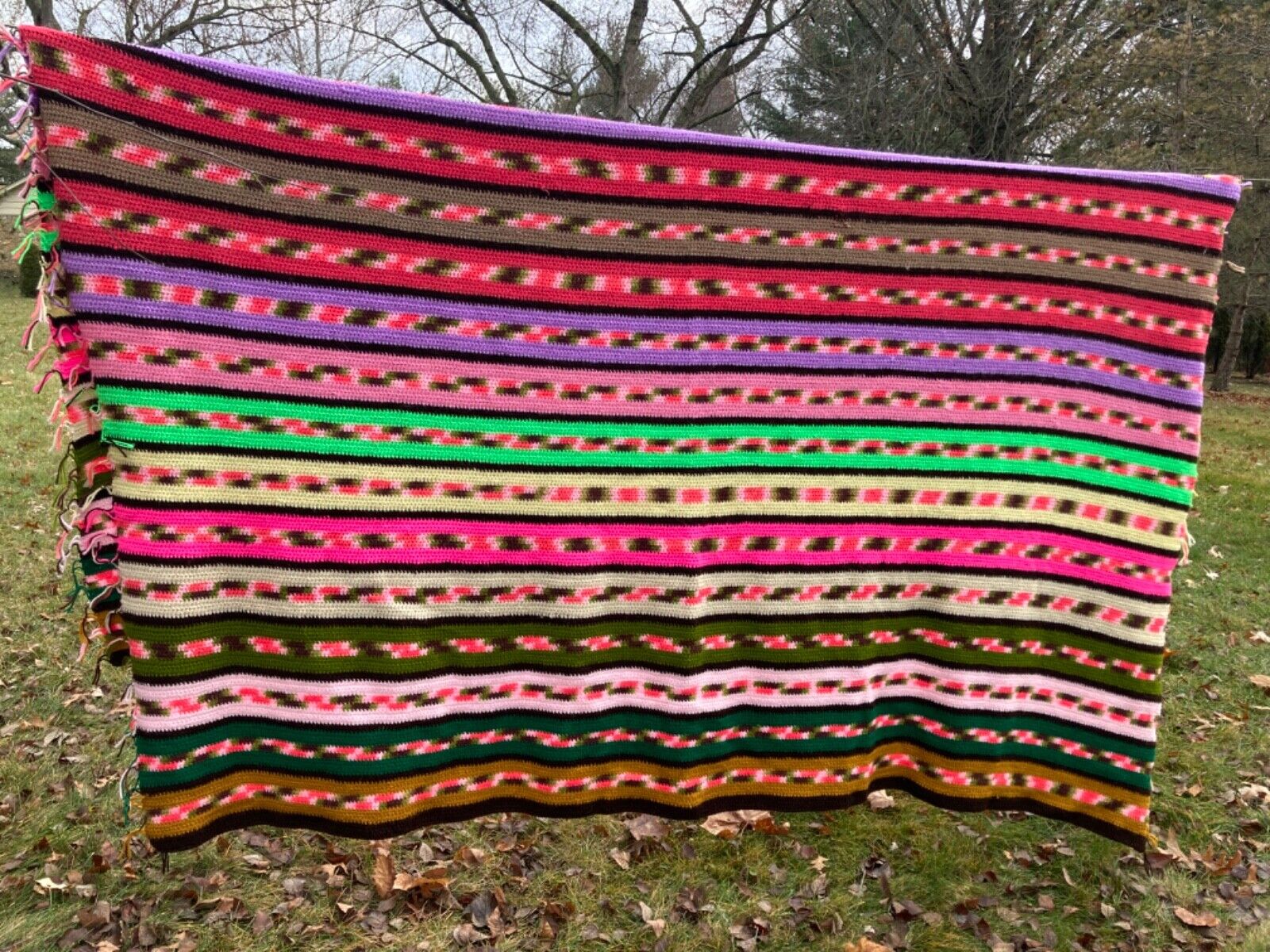 Large Vintage hand made Knit Crochet Bedspread Aphgan Festive Blanket 96x94” QN