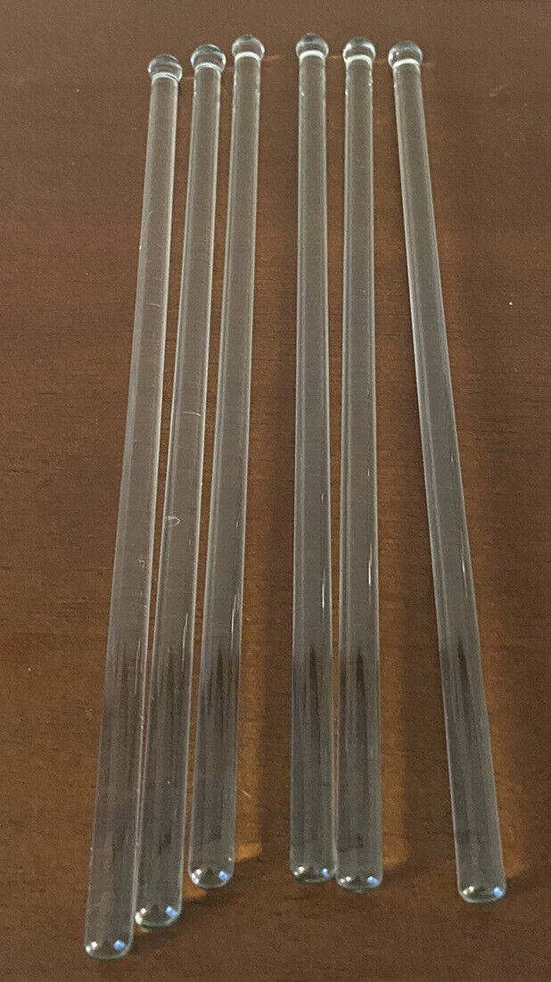 6 Vintage Clear Glass Cocktail Stir Sticks Rods 8” Long Clear Glass Pre Owned