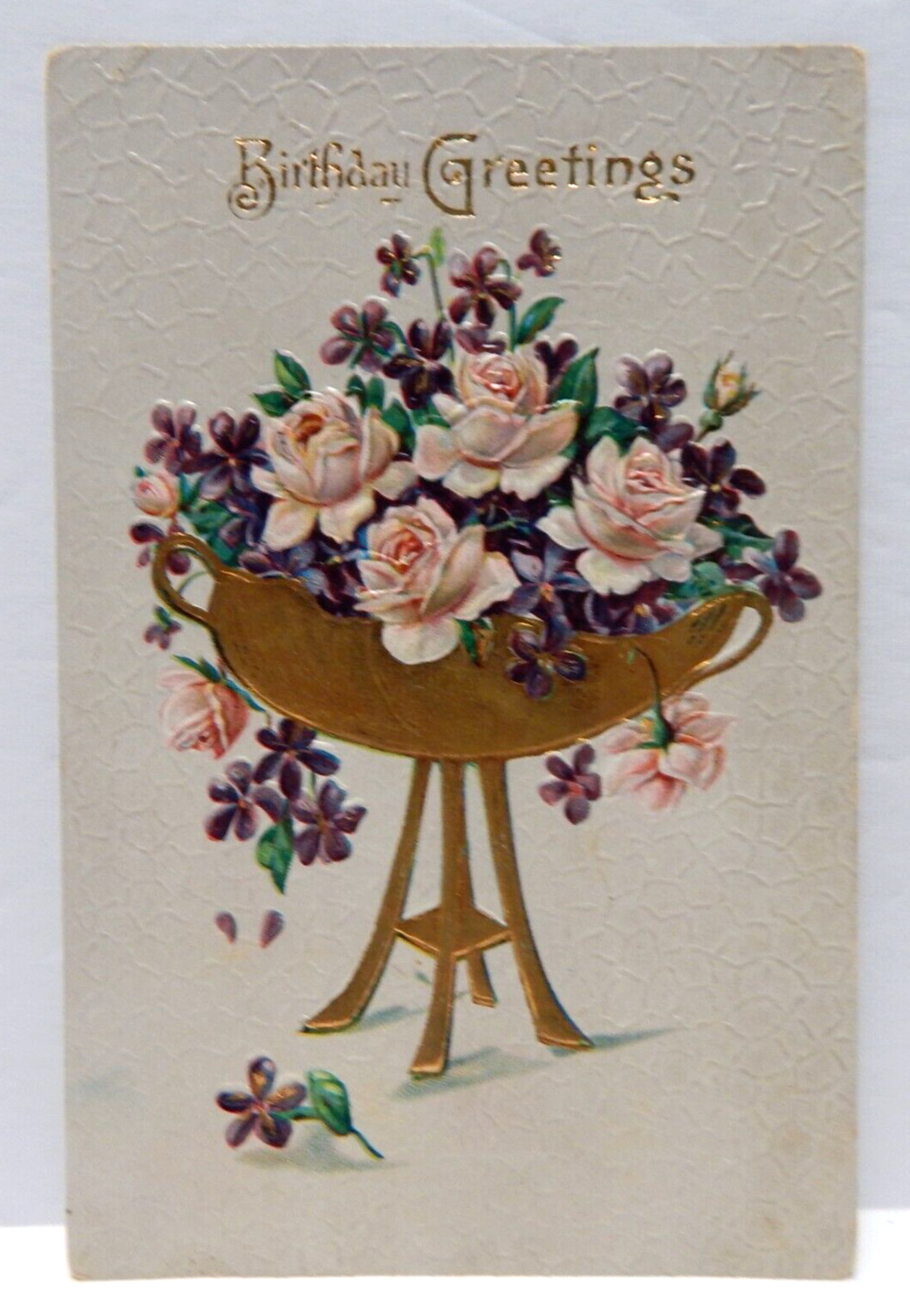 Birthday Greetings Gold Pot Filled With Flowers Embossed