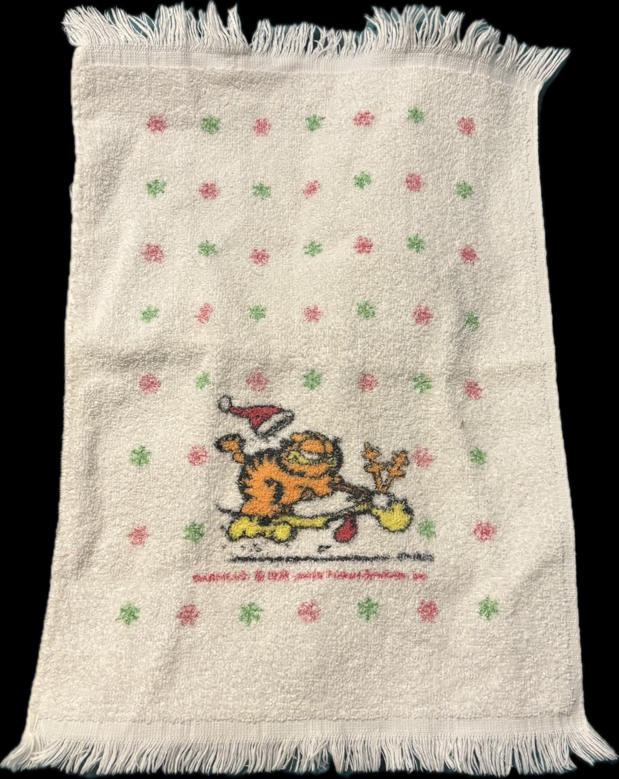 VINTAGE Garfield Christmas Hand Towel Terry Cloth Fringed 1980s