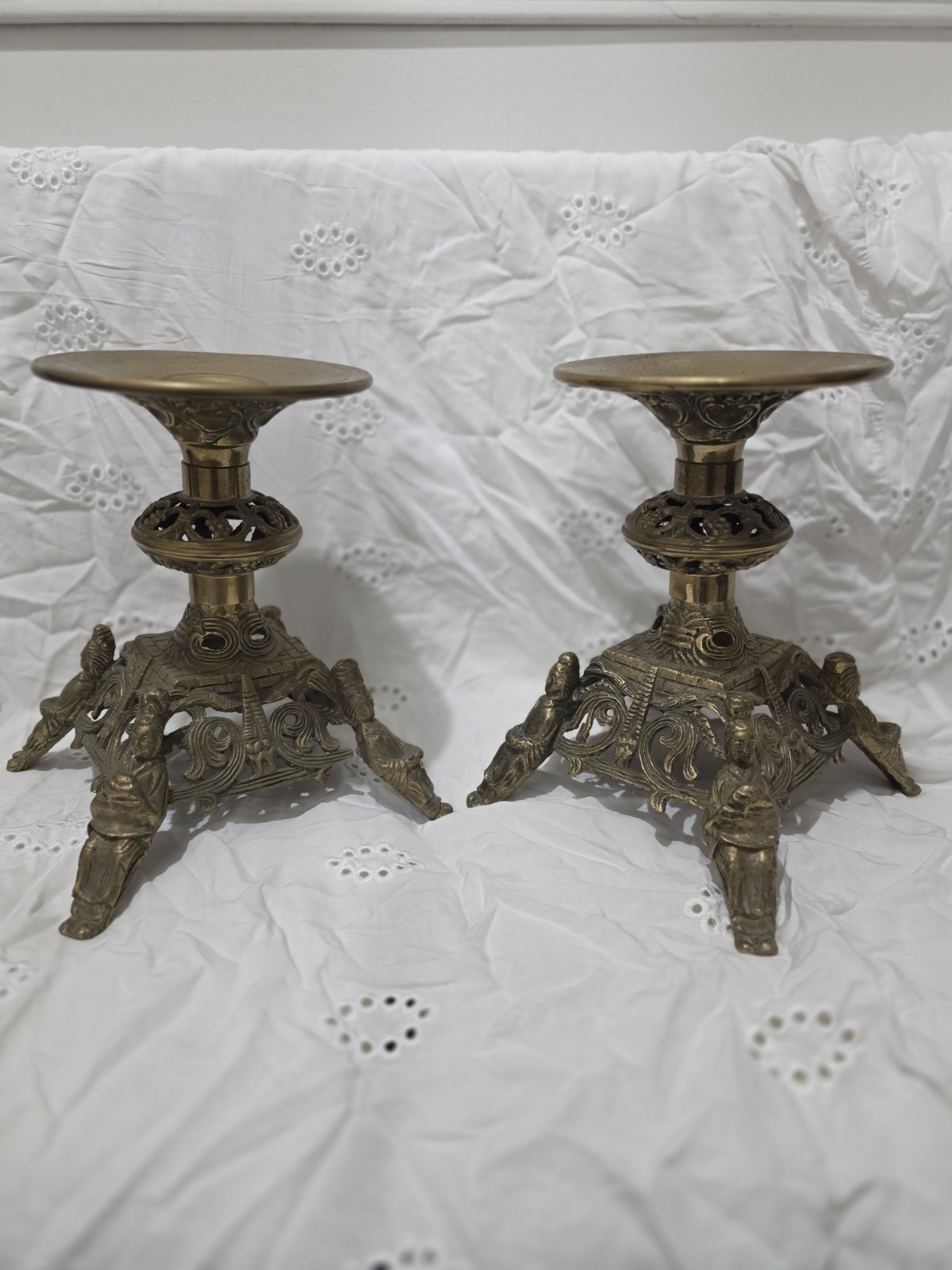 Antique Brass Ornate Candlestick Holder Set   