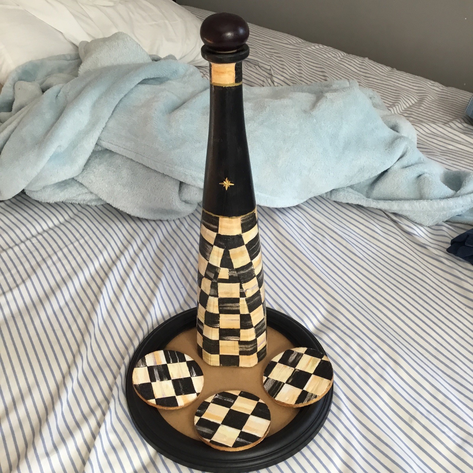 MACKENZIE CHILDS INSPIRED Courtly Checked 1952 TEQUILA BOTTLE and WOOD COASTERS