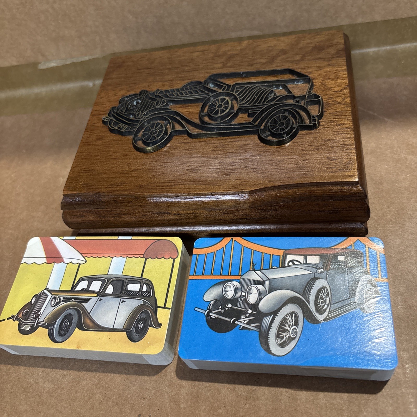Two Vtg Sets Sealed Old Time Cars Playing Cards In Decorative Wood Case #MM