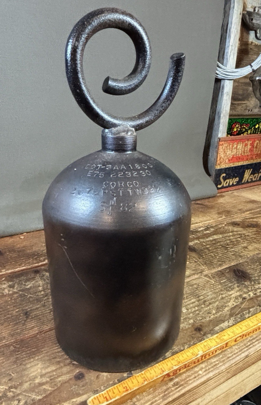 Vintage Large Black Painted Metal Oxygen‑Tank Bell w/ Curled Handle – Rustic –