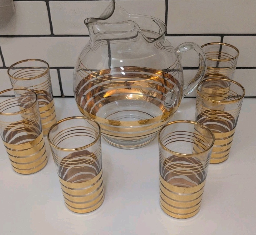Vintage 1940s Macbeth Evans Sovereign Ice Lip Ball Pitcher & 6 Glass Tumblers