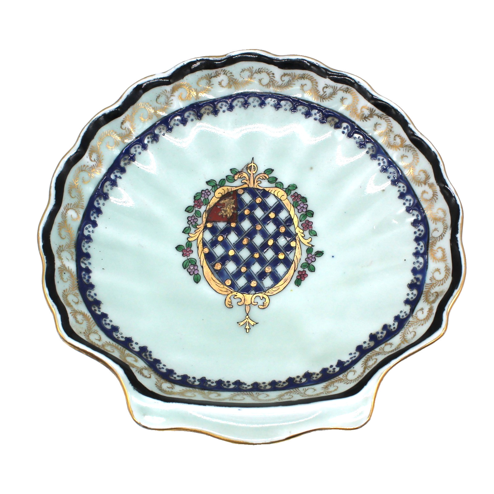 Vintage CHINESE ARMORIAL CREST EXPORTWARE Hand Painted Gold Trim Porcelain Dish