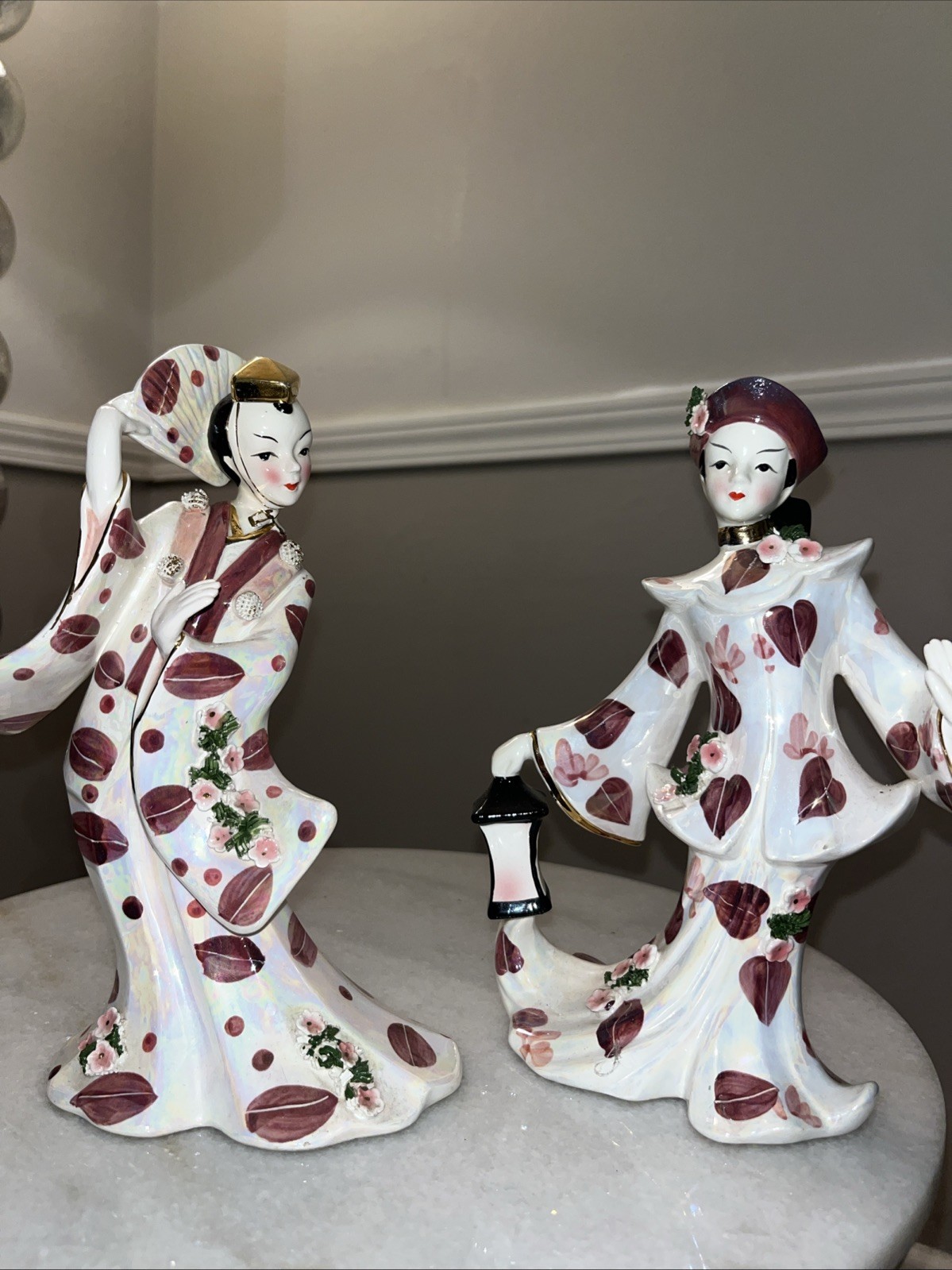 1950\'s Pair Asian Dancers Porcelain MCM Art Deco Geisha Geo Z Lefton
