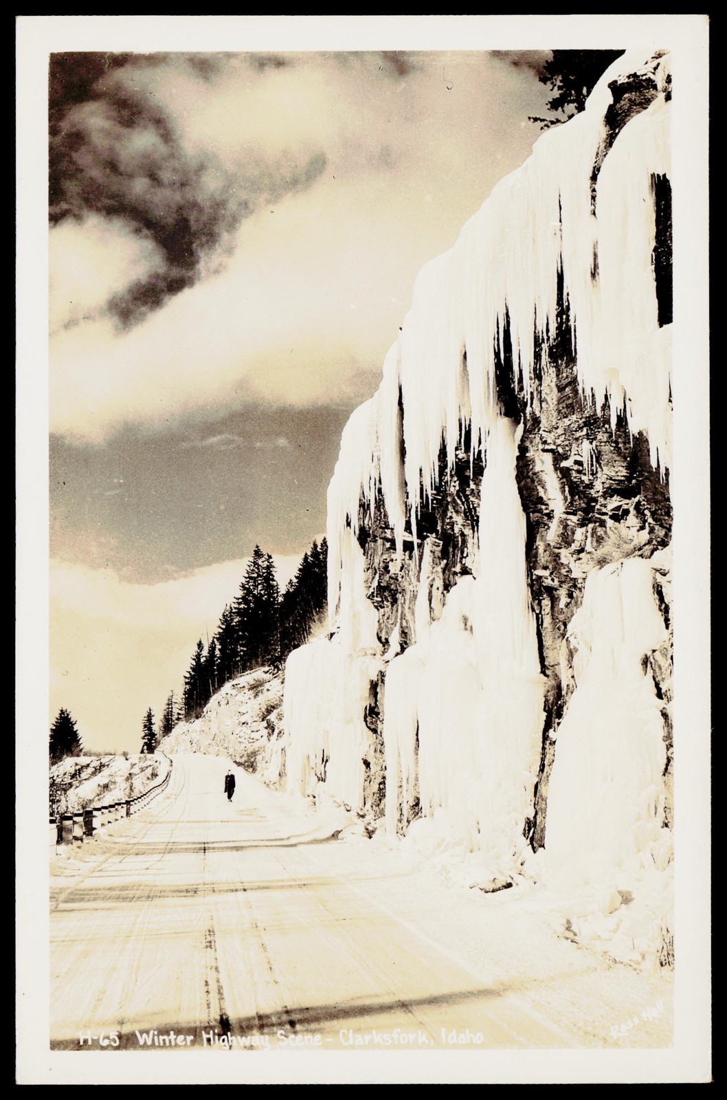 1940s Ross Hall Clark Fork Idaho Winter Highway Scene Ice Cliff RPPC Postcard
