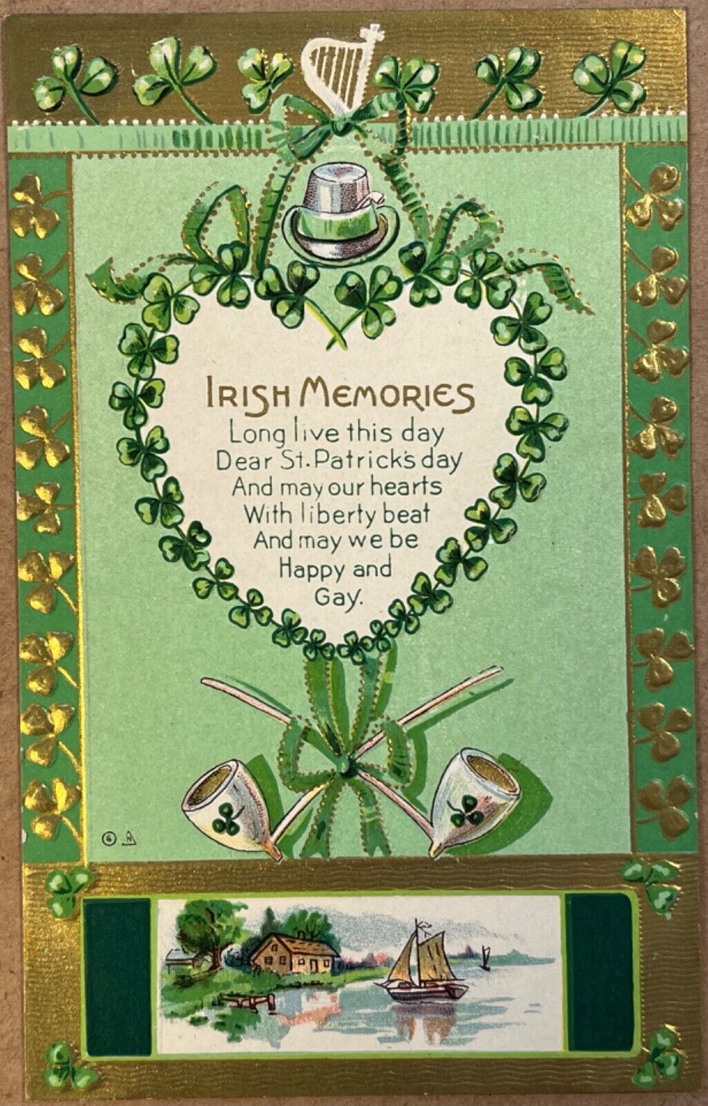 St Patricks Day Poem Irish Memories Heart Gold Embossed Antique Postcard c1910