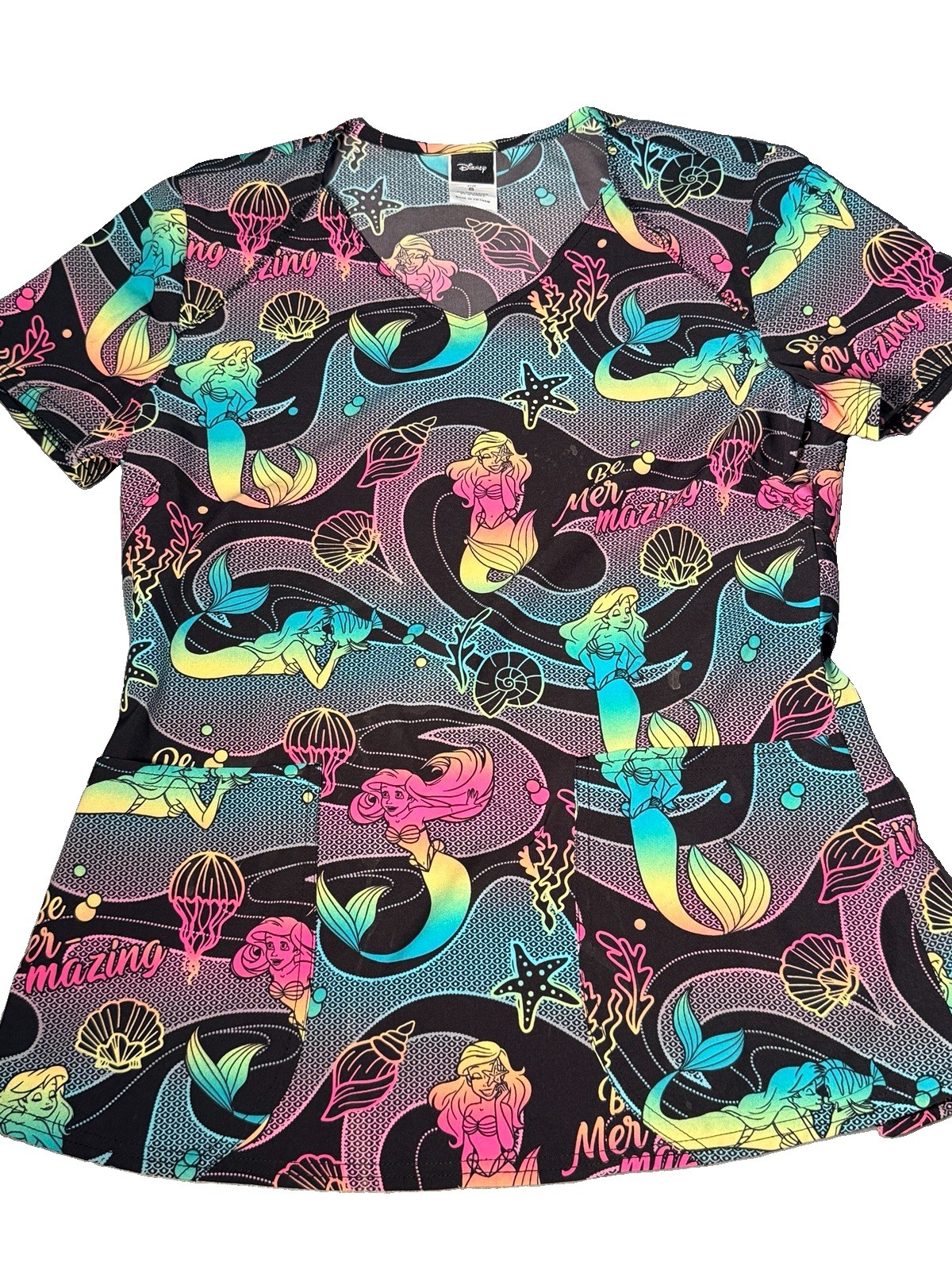 Disney Little Mermaid Ariel Scrub Top Womens Size S Black Mermaid Nurse Workwear
