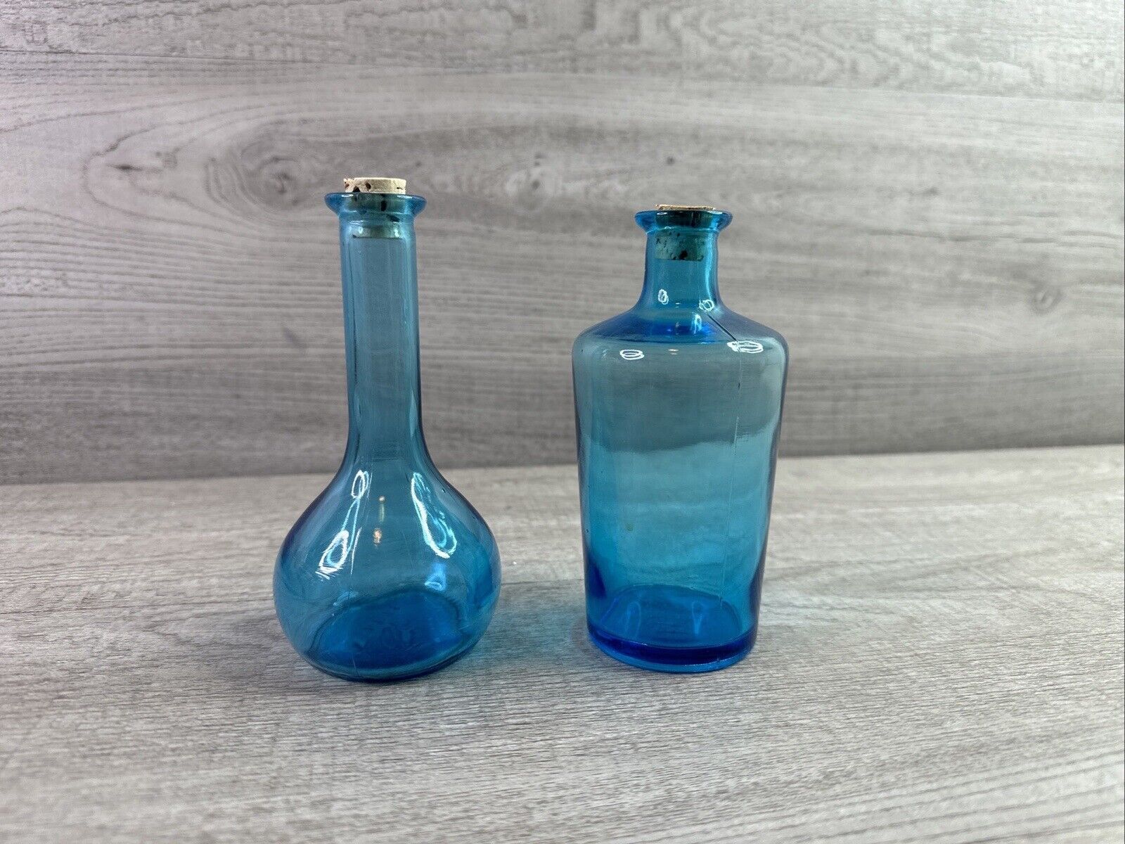 Pair Of Vintage Blue Glass Bottles w/Cork Plugs Made In Japan