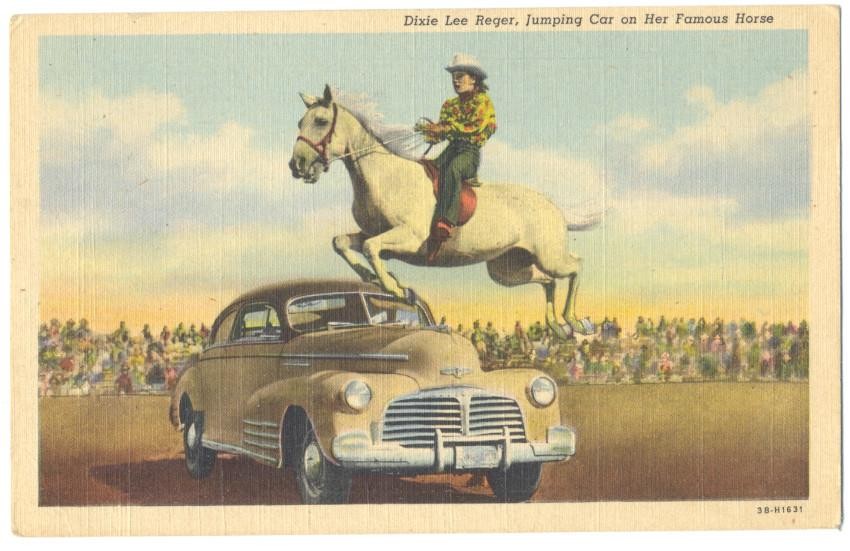COWGIRL Dixie Lee JUMPS Her HORSE Over CHEVROLET Fleetline - 1943 Linen Postcard