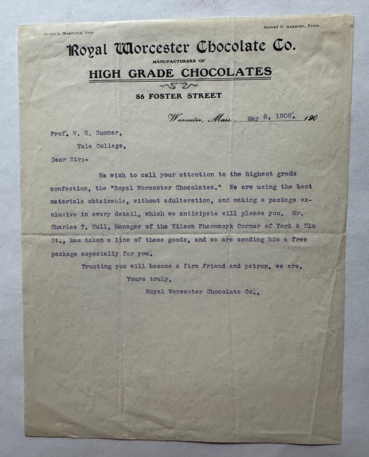 Vintage 1908 Letterhead Worcester MA Worcester Chocolate Co to Yale Professor