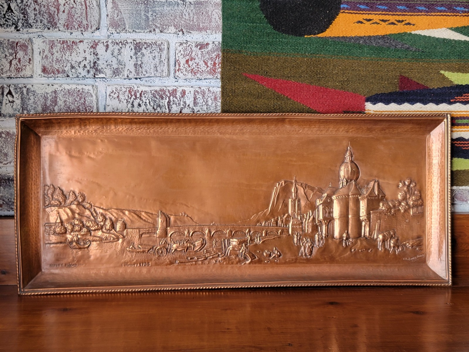 Antique 26x11 Repousse COPPER TRAY/Wall Art Mecap DINANDERIE Rustic Hand-wrought