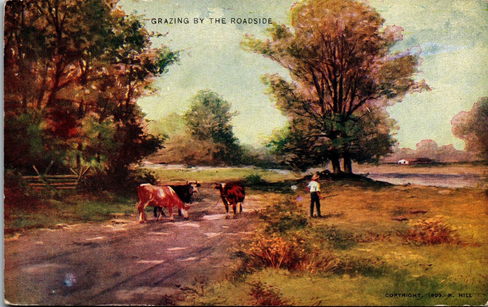 Country Scene Grazing by the Roadside Old Thyme Herder Vintage Postcard BB1