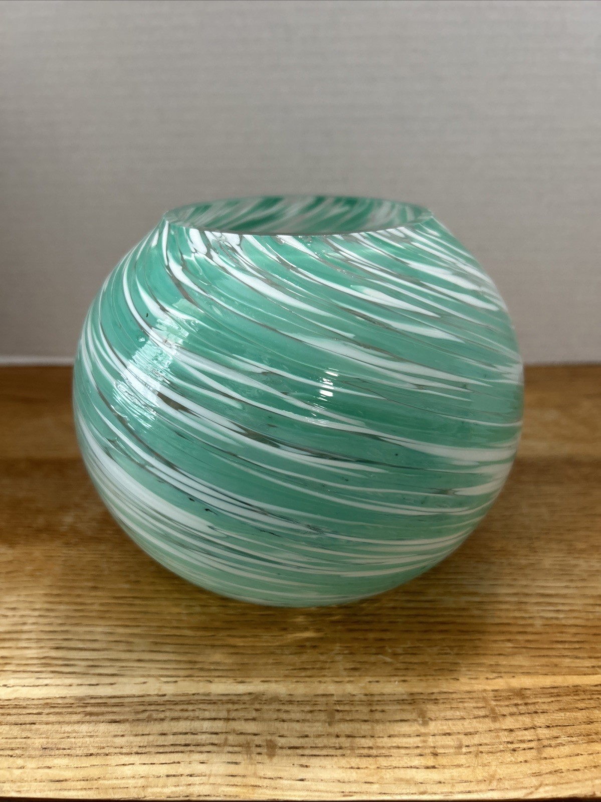 Vintage Round / Rose Bowl Art Glass Vase Handblown With Teal White & Clear Swirl Vintage Round / Rose Bowl Art Glass Vase Handblown With Teal White & Clear Swirl