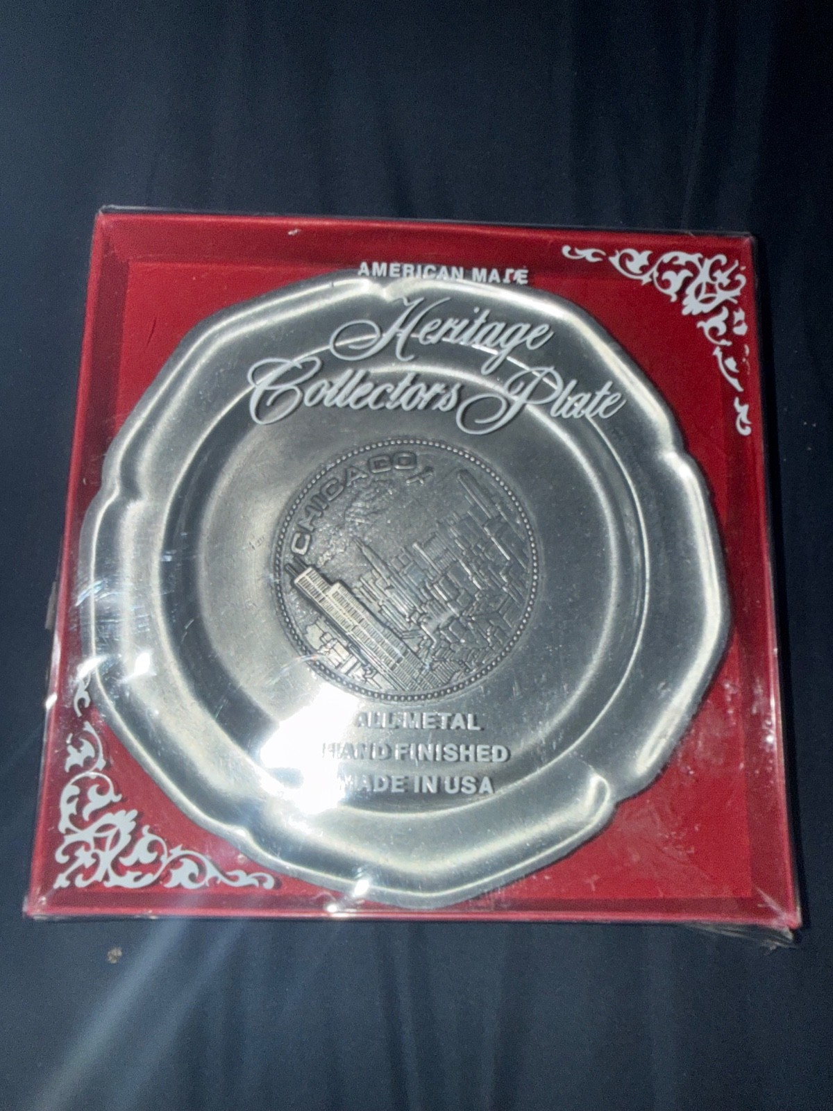 ⁠Vintage Heritage Collectors Plate Chicago Skyline Pewter Metal Souvenir Dish Bo