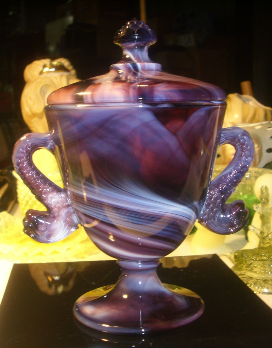 Antique Imperial Glass Purple Slag Glass Lidded Jar w/Dolphin Handles. Excellent