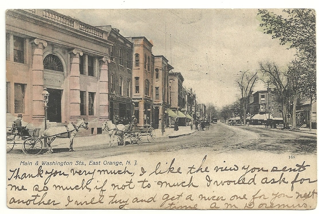 Postcard East Orange NJ Washington Main Street Horse Buggy Bank Trolley