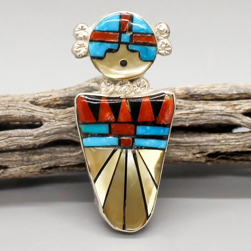 ZUNI-STERLING SILVER  & STONE INLAY HOPI MAIDEN PENDANT by OLA ERIACHO